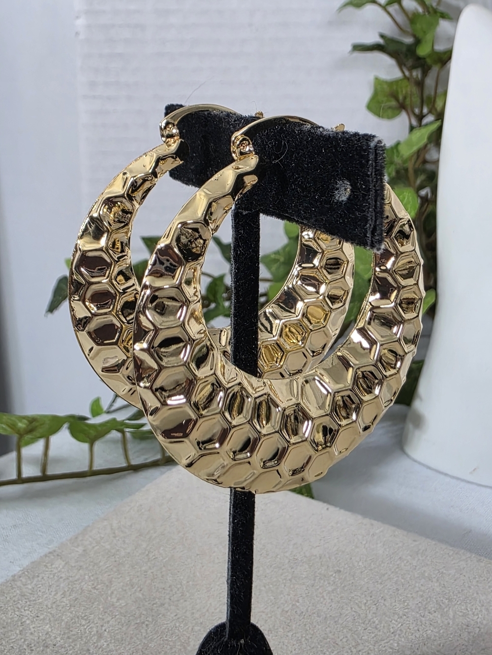 Gold Filled Statement Hoop Earrings Honeycomb Design 2" - Picture 5 of 10